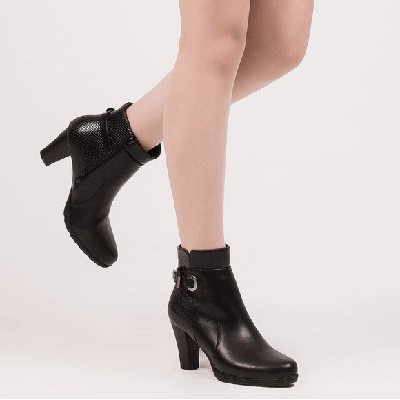 Mixed Snake- Black Bootie Chunky Heel Buckle Strap Ankle - Picture 8 of 11